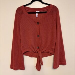 Alga Rust Button-Down Tie Front Knit Top Size Small